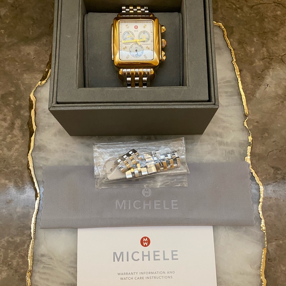 Michele Two-tone Deco XL watch diamond dial marker